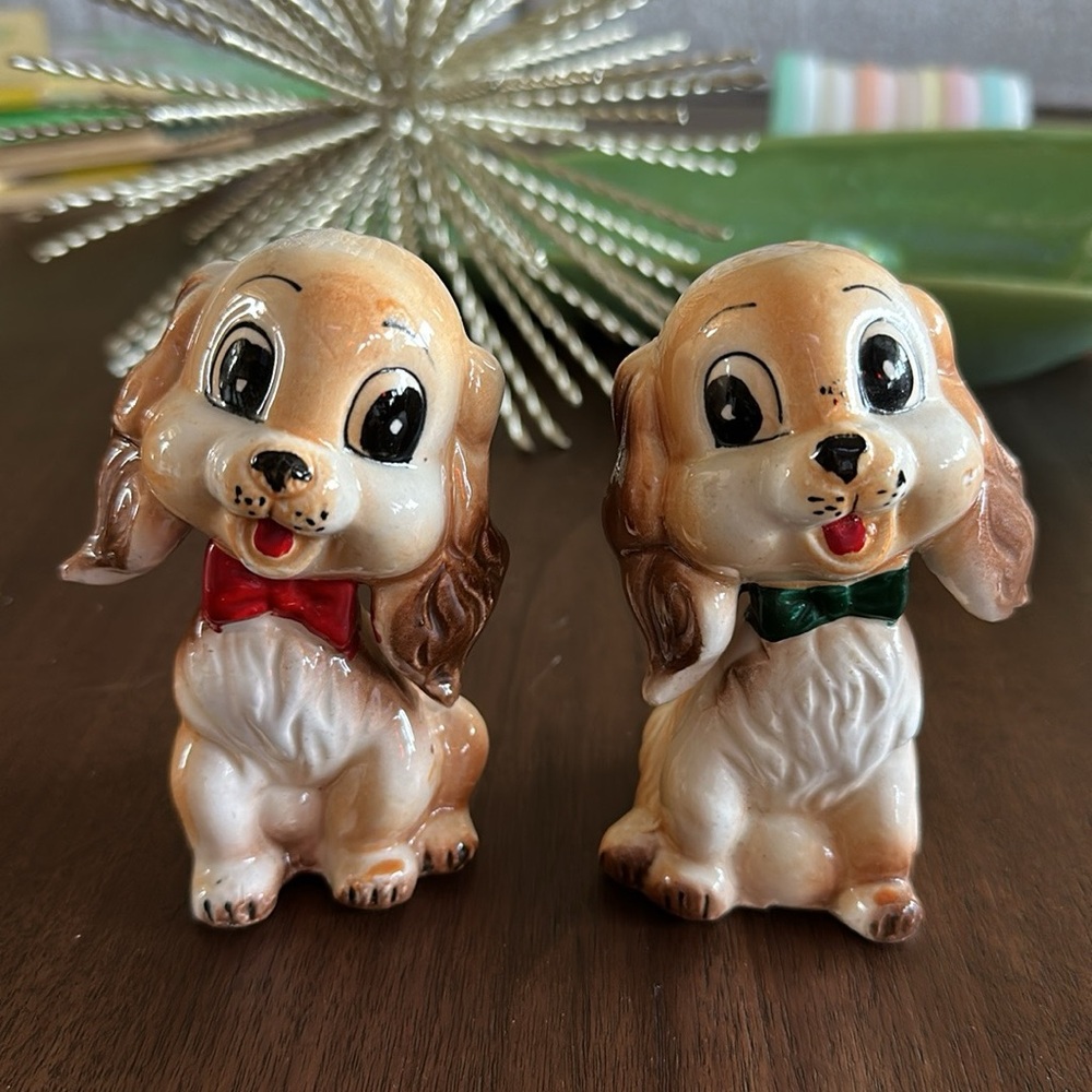 Ceramic Dog Figurines with Red and Green Bows